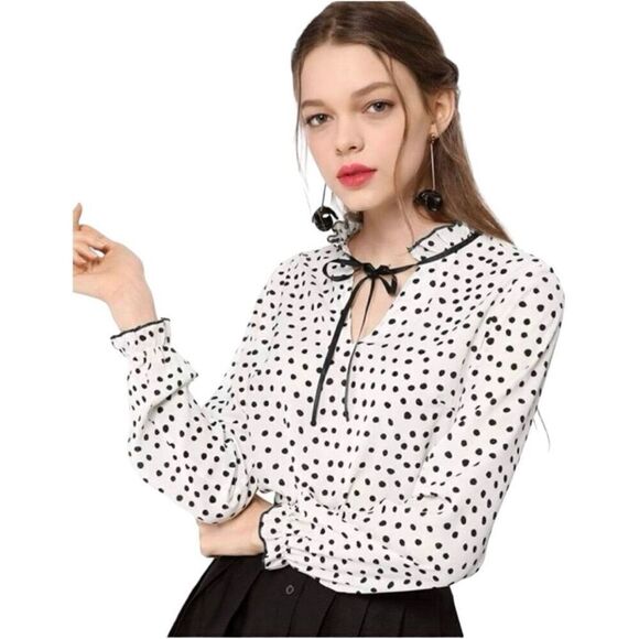 NWT Womens Allegra K Polka Dot Tie Neckline Flounce Long Sleeve Blouse Top - XS - Picture 1 of 2